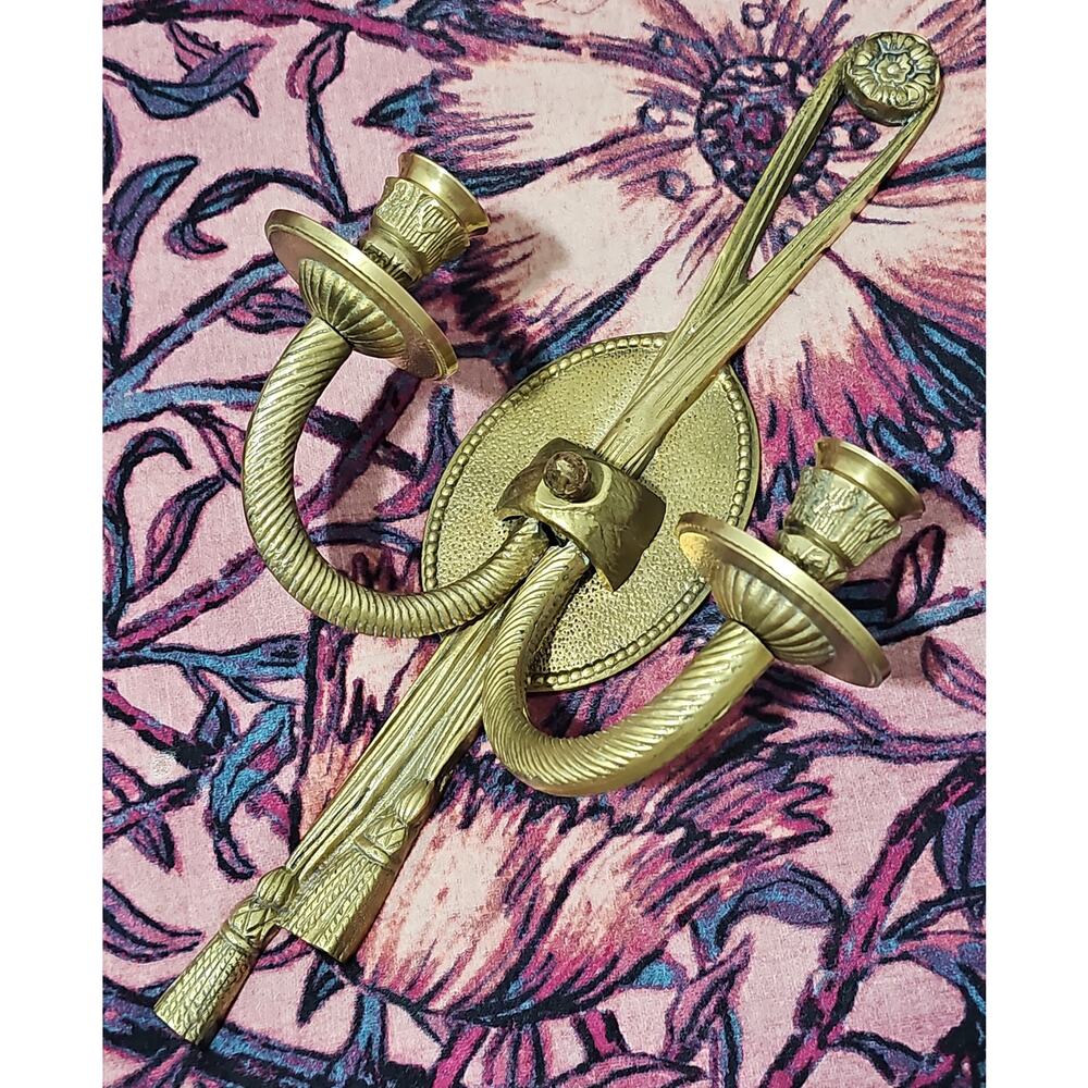 Vintage Solid Brass Double Arm Wall Sconce Bow Tassel Candle Holder